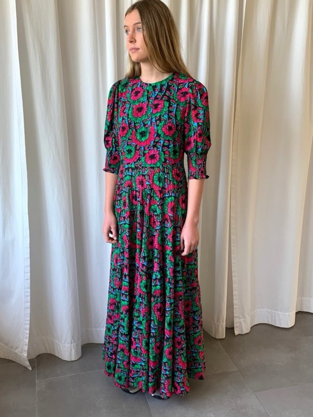 RIXO LONDON Kristen Maxi Dress Size small Floral Maxi Dress in Fuchsia & Green